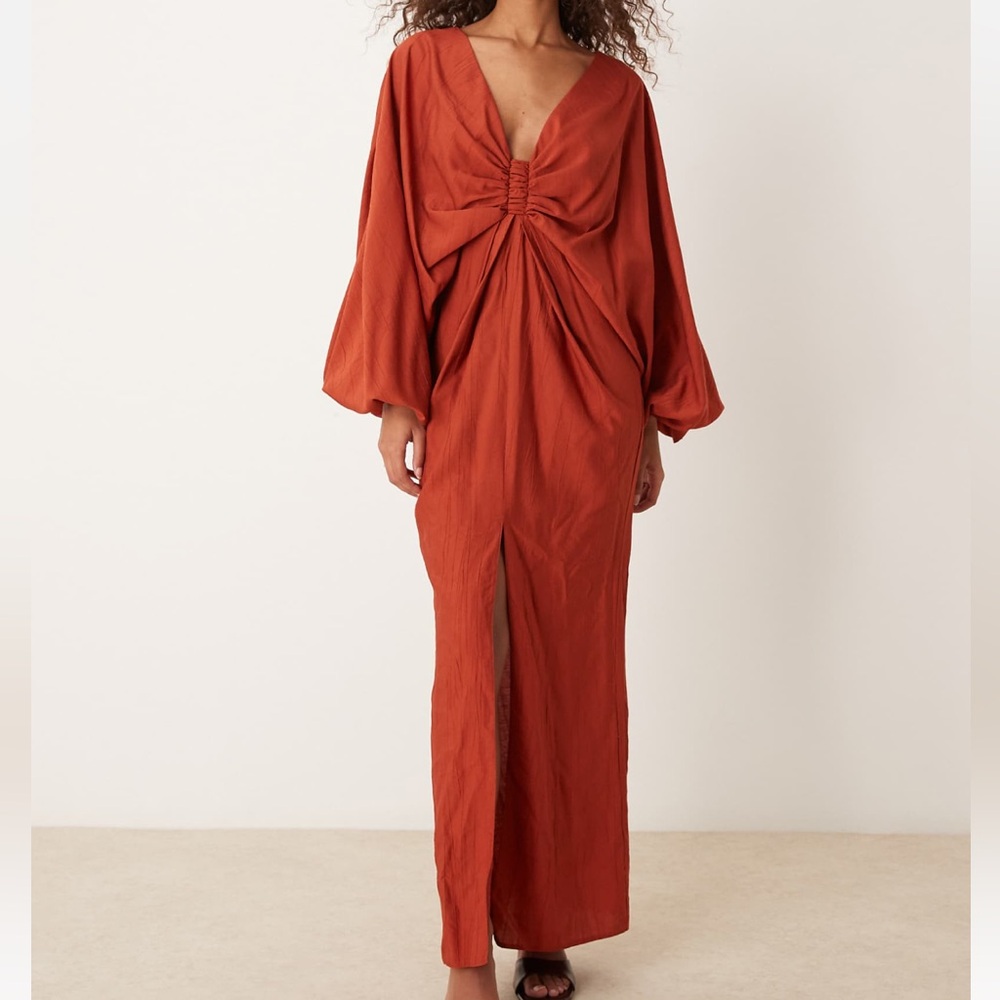 Rust Orange Plunge Maxi Dress with Long Sleeve